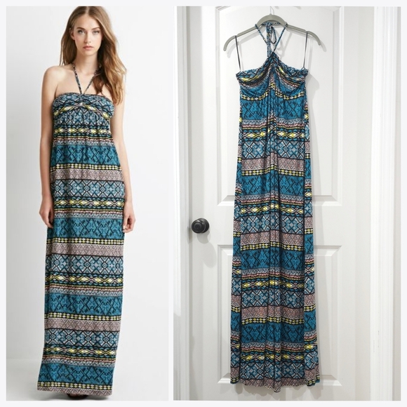 FOREVER 21 Nwt Geo Aztec Multi Color Halter Maxi Sun Dress, Size XL, Vacation - Picture 1 of 12
